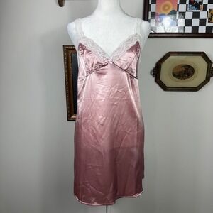 Cozy Rozy Pink Satin Slip‎ Dress with White Lace Trim and Adjustable Straps